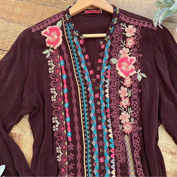 Johnny Was Floral Embroidered Blouse in Rich Burgundy - Picture 4 of 12